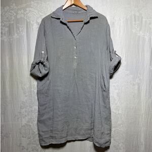 Elena Baldi Shift Dress XL Gray 100% Linen Made in Italy Popover Tunic Pockets